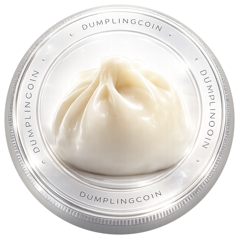 A translucent DUMPLINGCOIN token with a dumpling at its center